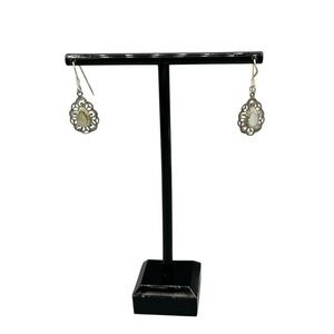 Vintage Silver Tone Teardrop Dangle Earrings Filigree Mother of Pearl Look
